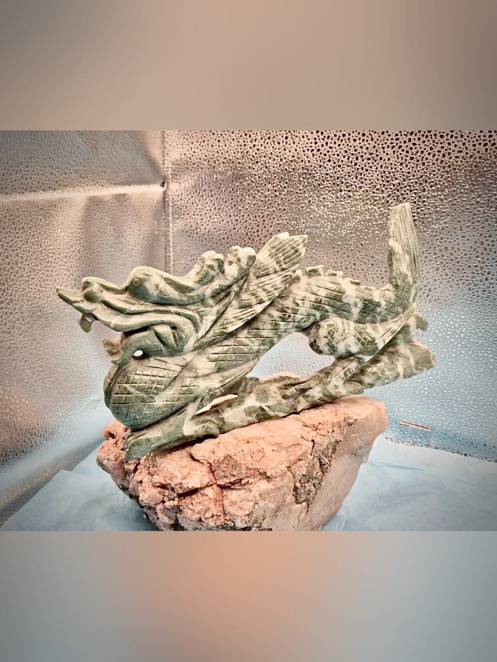 Vintage Xiuyan Jade Serpentine Natural Green Stone Hand Carved Dragon Statue 9”